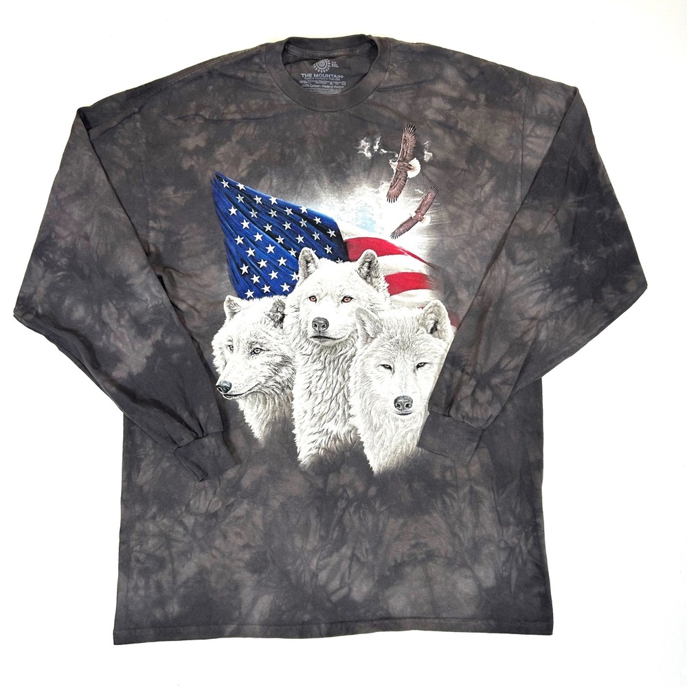 The Mountain Mens 2XL Long Sleeve Wolf American Flag Tie Dye Graphic Tee Shirt